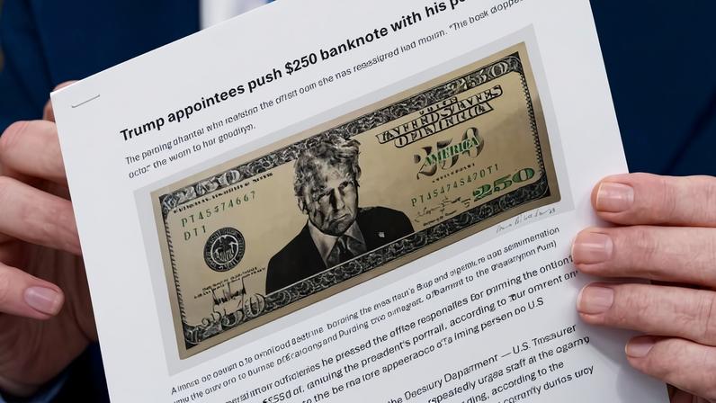 Scott Bessent, secretário do Tesouro, segurando documento com imagem de como pode ser a nota de US$ 250 com o rosto de Donald Trump