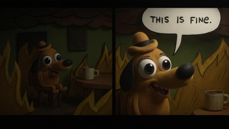 Ilustração em duas partes mostra um cachorro sentado em uma sala em chamas. Na primeira parte, o cachorro está sentado em uma cadeira com uma xícara na mesa, cercado por fogo. Na segunda parte, o cachorro sorri e diz 'This is fine.' enquanto o fogo continua ao redor.