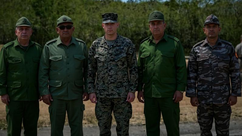 General Francis Donovan (ao centro) e militares cubanos reunidos no perímetro da Base Naval dos EUA na baía de Guantánamo