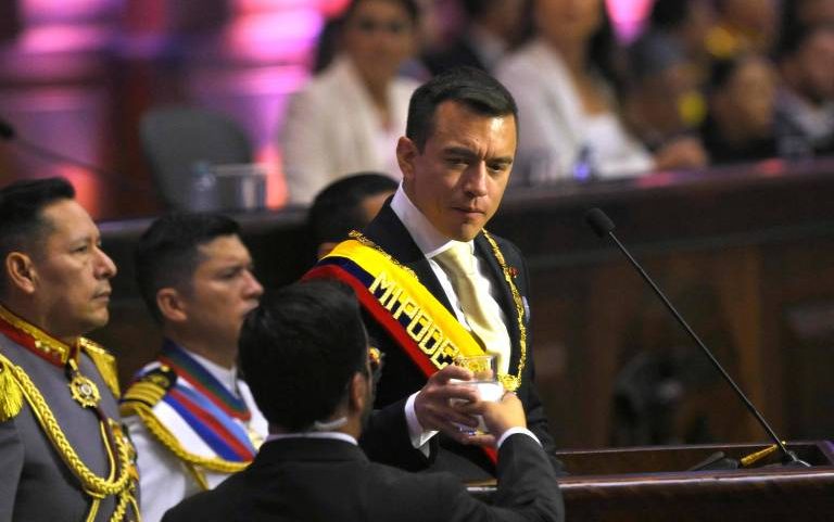 O presidente do Equador, Daniel Noboa, durante evento anual no Congresso, em Quito
