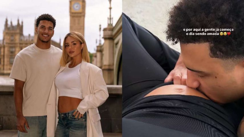 Bruna Rotta exibe barriguinha de gravidez e ganha beijos do jogador de futebol Kauã Elias