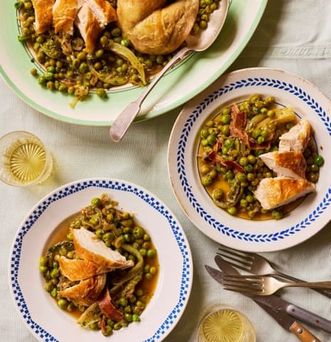David Gingell’s roast chicken with braised peas and lettuce.