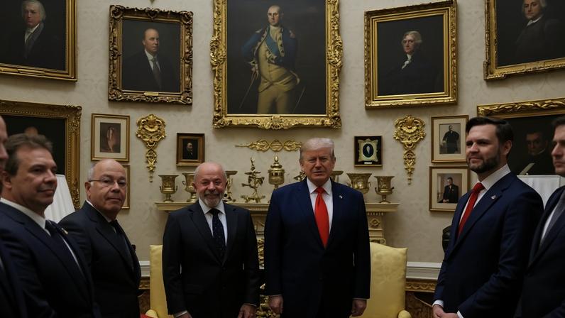 Na reunião de trabalho entre Lula e Trump, cada líder levou cinco ministros, especialmente da área econômica - (crédito: Ricardo Stuckert / PR)