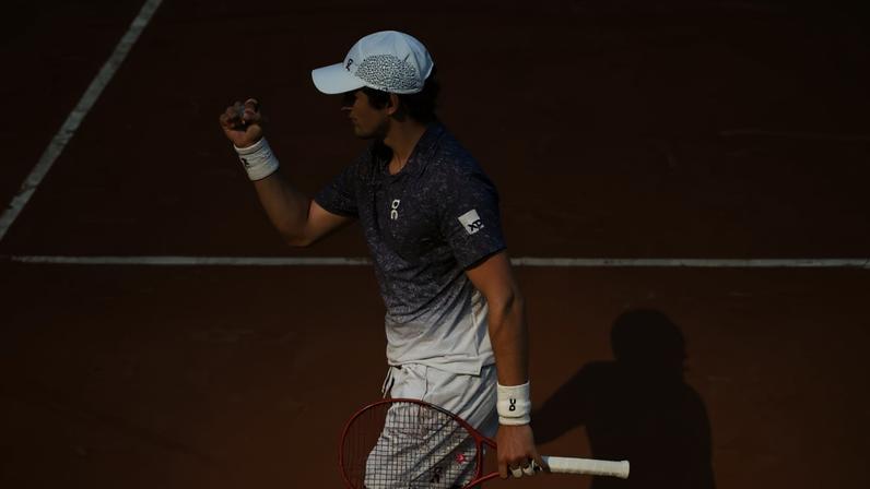 Brazil's Joao Fonseca reacts after a point as he plays against France's Luka Pavlovic during their men's singles match on day 1 of the French Open tennis tournament on Court Simonne-Mathieu at the Roland-Garros Complex in Paris on May 24, 2026. (Photo by Alain JOCARD / AFP)