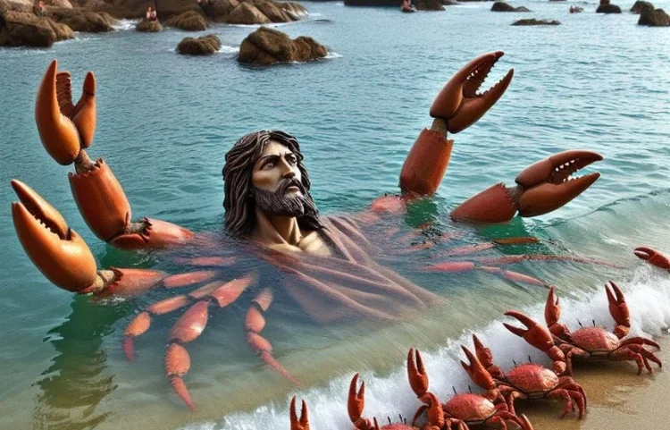 Imagem criada por IA generativa mostra Jesus com braços de caranguejo, sendo recebido por outros caranguejos (Facebook/Captura de tela/Reprodução)