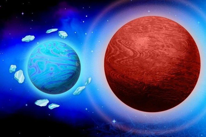 O peculiar par planetário de um mini-Netuno e um Júpiter quente provavelmente se formou além da "linha de gelo" de sua estrela, na região mais fria do disco protoplanetário primitivo do sistema - (crédito: Jose-Luis Olivares/MIT)