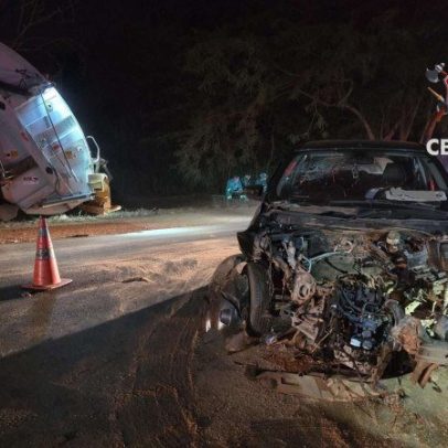 Mulher fica ferida após colisão entre carro, ônibus e caminhão
