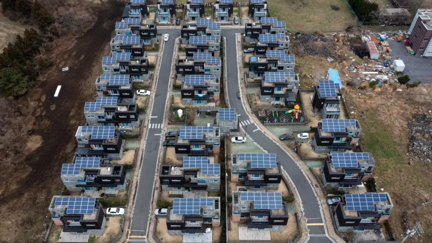 Solar panels on the roofs of residential houses in Jeju, South Korea.