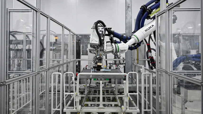 A robotic arm on an electric flying car production line in Guangzhou.