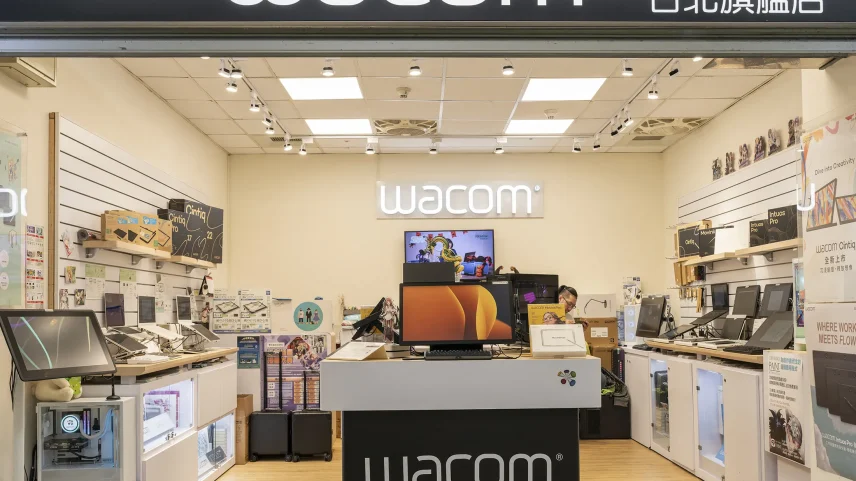 A Wacom store displaying graphic tablets and digital art tools in Taipei.