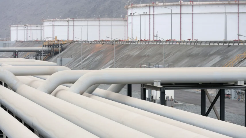 Oil transfer pipes and storage silos, part of the Abu Dhabi Crude Oil Pipeline, in Fujairah, United Arab Emirates.
