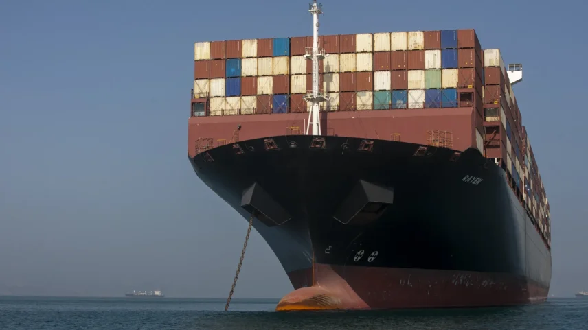 A ship remains anchored in the Strait of Hormuz near Larak Island, Iran, on May 16.