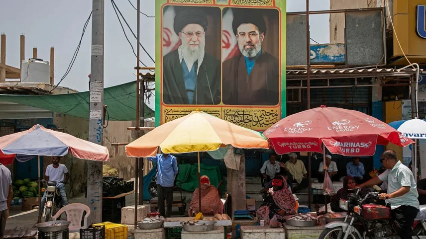Posters of the former Supreme Leader Ali Khamenei and the current Supreme Leader Mojtaba Khamenei, in Tehran, on May 17.