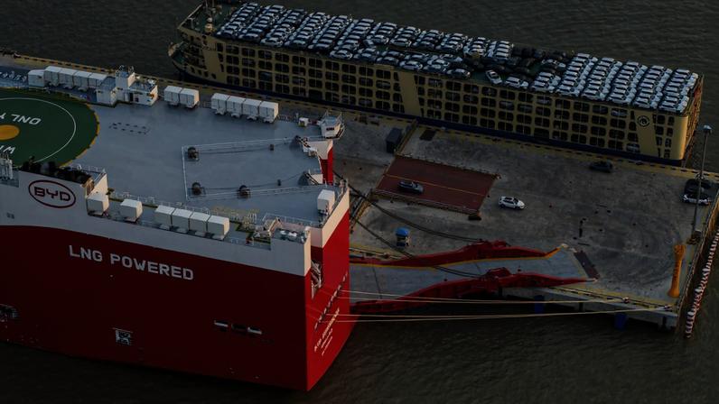 BYD electric cars being loaded to the BYD Shenzhen car carrier.