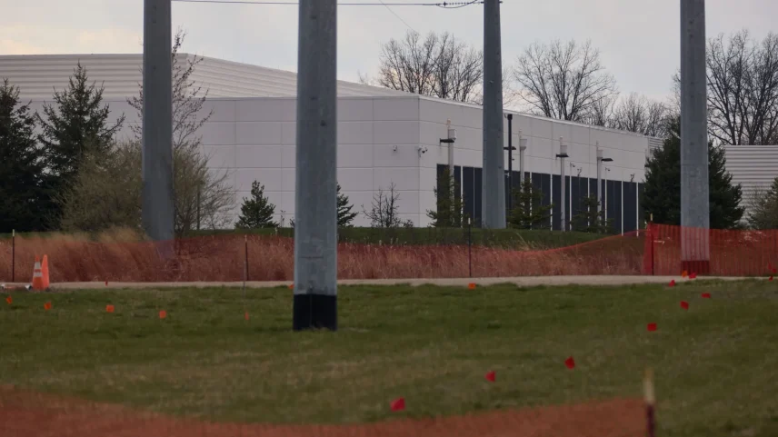 Transmission line towers next to an Amazon Web Services data center in Johnstown, Ohio.