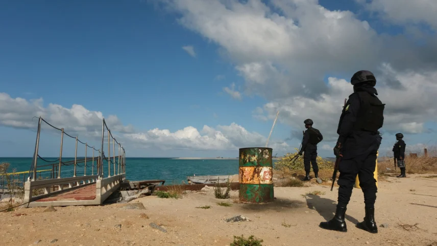 Rwandan police guard the Total Mozambique LNG project in 2022.