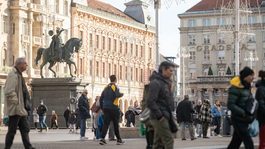 Pedestrians and shoppers in Ban Jelacic Square in Zagreb, Croatia.