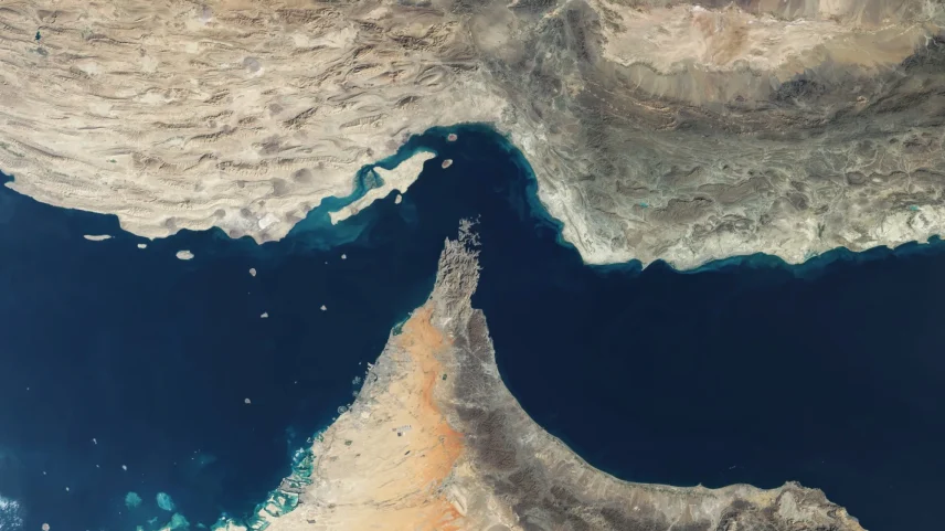 A satellite view of the Strait of Hormuz
