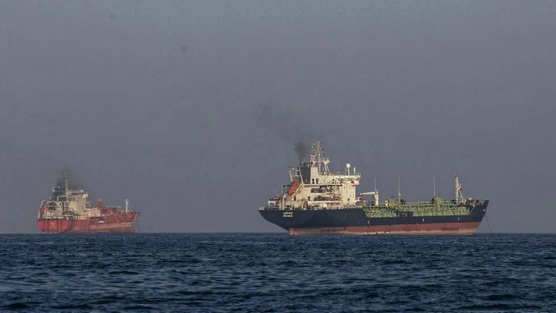 Ships anchored in the Strait of Hormuz near Larak Island, Iran on May 16.