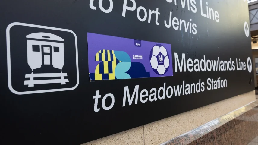 2026 FIFA World Cup directional signage is at Secaucus Junction Station in Secaucus, New Jersey on May 1.