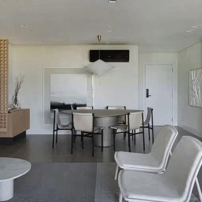 Minimalismo afetivo aposta em tons neutros e luxo contido em apê de 161 m²