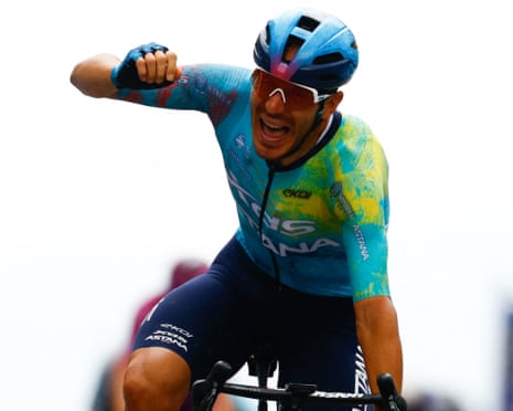 XDS Astana rider Davide Ballerini punches the air in triumph as he crosses the finish line in Naples to win the sixth stage of the Giro d’Italia.