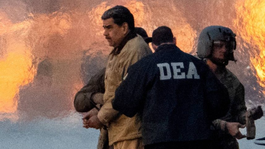 O presidente venezuelano Nicolás Maduro, capturado, é escoltado até o Tribunal Federal Daniel Patrick de Manhattan para sua primeira audiência perante o tribunal, onde enfrentará acusações federais americanas, incluindo narcoterrorismo, conspiração, tráfico de drogas, lavagem de dinheiro e outros crimes. A foto foi tirada no heliporto de Downtown Manhattan, em Nova York, EUA, em 5 de janeiro de 2026. REUTERS/Adam Gray