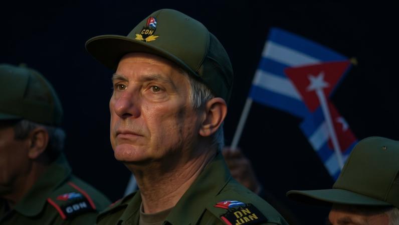 O presidente cubano Miguel Díaz- Canel participa de uma cerimônia que marca o 65º aniversário da declaração de Fidel Castro sobre o caráter socialista da Revolução Cubana, feita na véspera da invasão da Baía dos Porcos em 1961, em Havana, Cuba, em 16 de abril de 2026