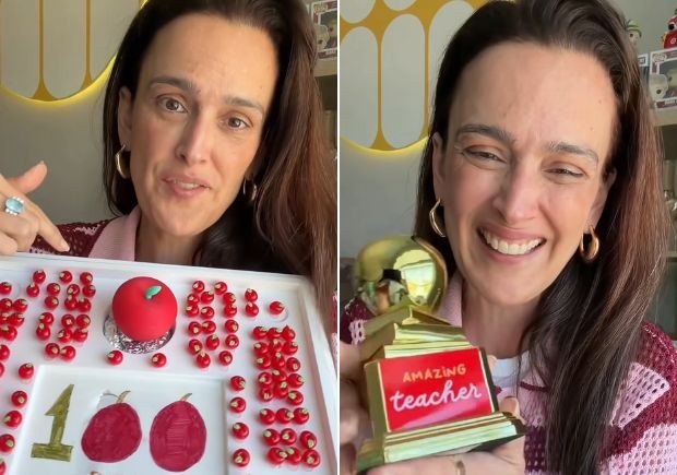 Bruna presenteou a professora com um troféu de maçã dourado — Foto: Reprodução/Instagram
