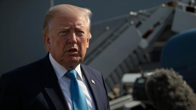 O presidente dos EUA, Donald Trump, fala com a imprensa ao partir da Base Aérea Conjunta Andrews rumo à Academia da Guarda Costeira dos Estados Unidos em Connecticut, Maryland, EUA, em 20 de maio de 2026