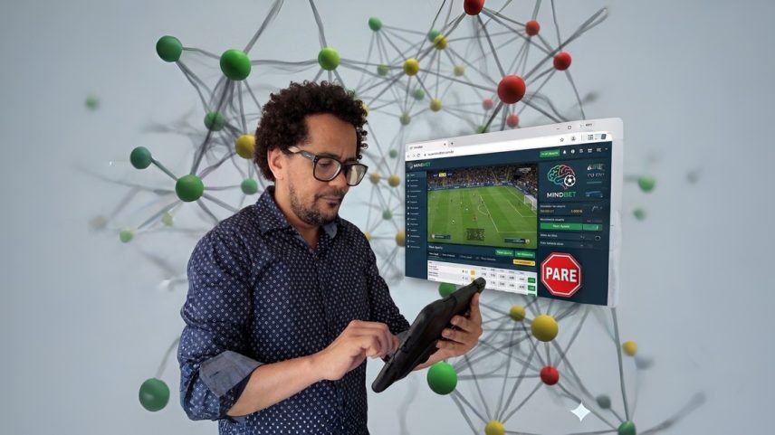 Homem utilizando tablet diante de ilustração digital relacionada a apostas esportivas e conexões neurais, com elementos gráficos que remetem ao controle e monitoramento por inteligência artificial.