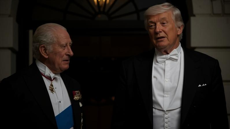 Donald Trump greets King Charles at the South Portico of the White House for a state dinner on 28 April in Washington DC.