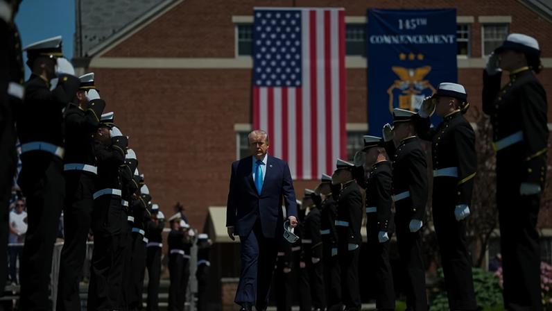 President Donald J. Trump at the U.S. Coast Guard Academy in New London, Conn., on Wednesday. It was the second time he delivered the commencement address as commander in chief.