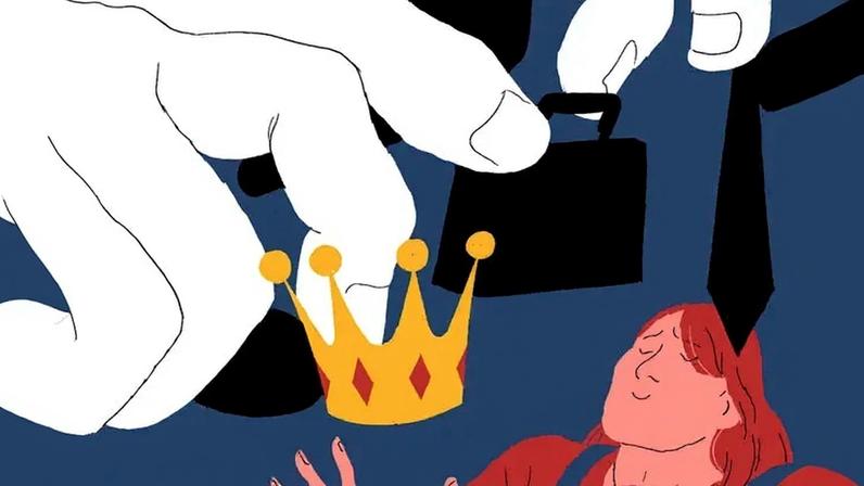 A large hand holding a crown descends on a woman wearing a baby in a carrier.