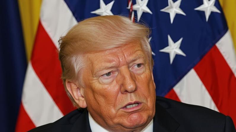 A color photograph of President Trump appearing out of focus in front of the American flag.