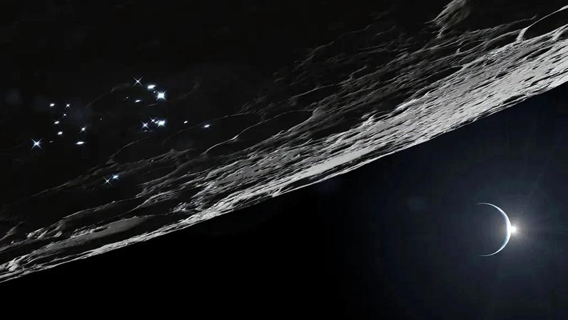 Superfície lunar cinzenta e craterada no canto superior esquerdo, com pontos de luz brilhantes. No canto inferior direito, um planeta azul e branco com um brilho intenso de luz solar, em um fundo espacial escuro