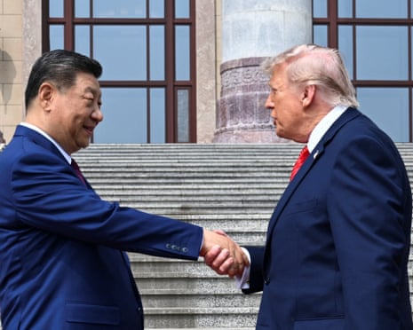 Donald Trump meets Xi Jinping at the Great Hall of the People in Beijing, during his trip to China focused on trade, regional security, and strengthening bilateral ties.