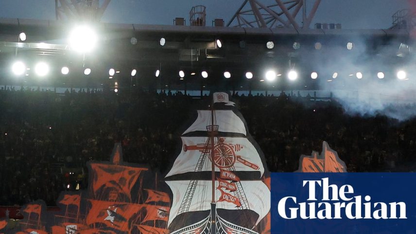 Arsenal fans’ tifo at the Emirates Stadium on Tuesday night when they reached a second Champions League final in the club’s history.