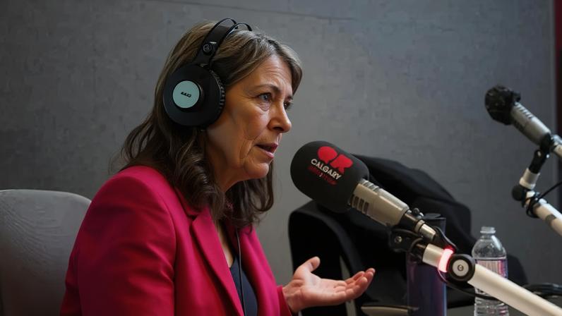 Alberta’s premier, Danielle Smith, speaking during her regular weekly radio call-in show last year in Calgary.