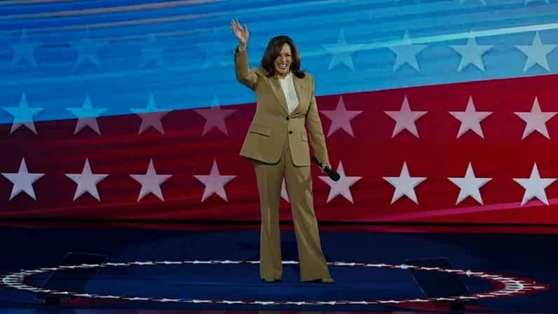 Vice President Kamala Harris at the 2024 Democratic National Convention. A draft report released on Thursday criticized the Harris campaign for failing to distance itself from President Joseph R. Biden Jr.