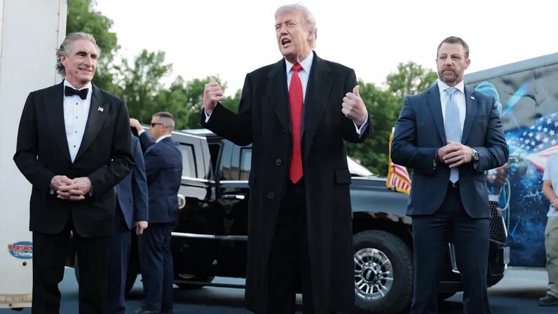 President Donald Trump speaks as he inspects the painting of the Lincoln Memorial Reflecting Pool basin. The repairs are part of President Trump's "Safe and Beautiful" campaign to clean up parks and monuments in the city.