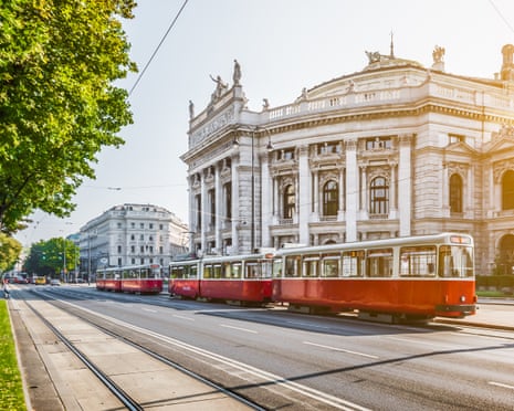 A tram on Vienna’s ring road outside the Burgtheater.