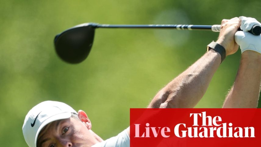 Rory McIlroy hits a tee shot on the second hole during the third round of the PGA Championship.