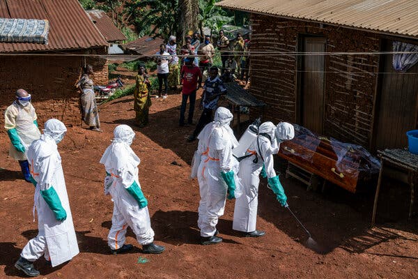 Disinfecting a house on Sunday in Bunia, in the Democratic Republic of Congo’s northeast, as part of the response to the Ebola outbreak.
