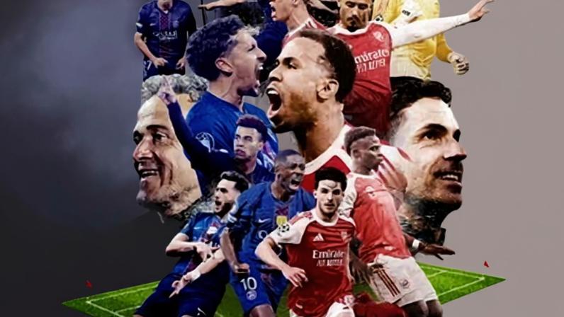 Montage of PSG and Arsenal players and managers