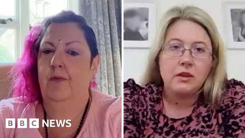 Split-screen image of two people. On the left, a woman with dark hair with bright pink sections wears a light pink top and a beaded necklace, seated indoors near a window with curtains. On the right, a person with light-coloured hair and glasses wears a patterned top, seated indoors against a wall with framed photographs in the background.