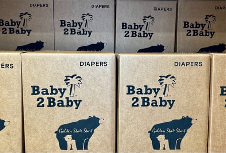 Stacks of packaged diapers at Baby2Baby's Los Angeles headquarters.