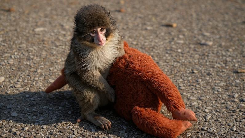 Punch é um filhote de macaco que viralizou nas redes sociais após ser rejeitado pela mãe. Ele aparece ao lado do brinquedo de pelúcia.