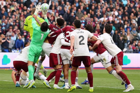 David Raya is fouled by Pablo leading up to Callum Wilson’s disallowed goal for West Ham.