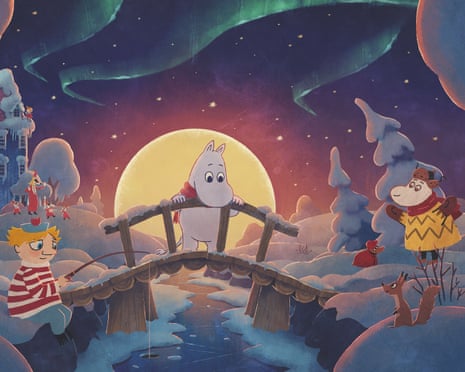 Moomintroll on a bridge under the northern lights in a winter scene